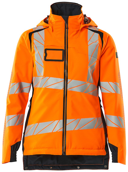 Orange jacka med mörk marinblå detaljer och reflexband. Jackan har fickor och dragkedja fram.