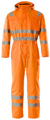 Orange overall med reflekterande ränder på ärmar, midja och ben, samt en huva.