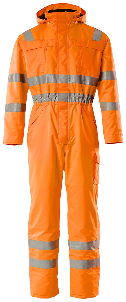 Orange overall med reflekterande ränder på ärmar, midja och ben, samt en huva.