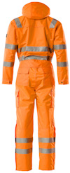 Orange skyddsoverall med reflekterande ränder på armar, ben och rygg, huva synlig bakifrån.