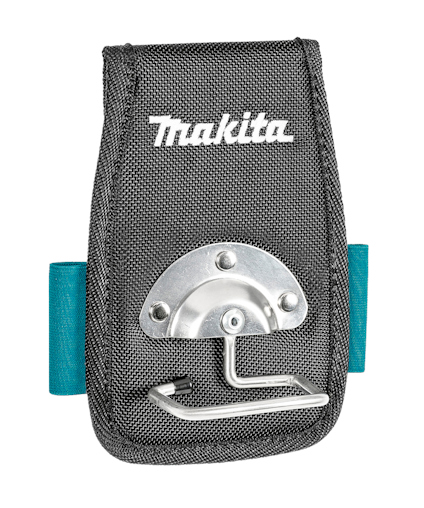 Svart och blå verktygshållare i tyg med metallkrok och texten "Makita" i vitt.