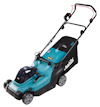 Blå och svart gräsklippare med hjul och uppsamlare, märkt "makita". Styret är svart med röd detalj.