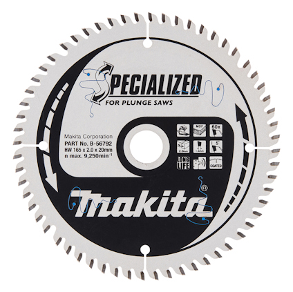 Sågklinga med silverfärgad design och text "SPECIALIZED for Plunge Saws" samt information och symboler i svart och blått.