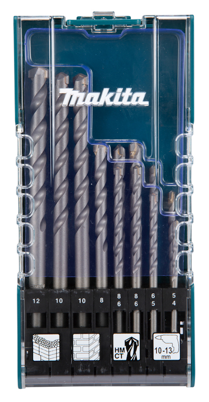 Borrset med olika storlekar i transparent plastlåda, märkt "Makita".
