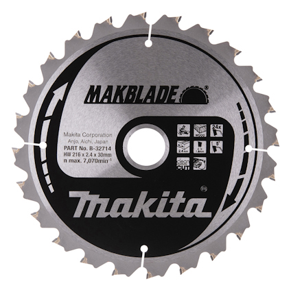 Cirkelformad sågklinga med texten "Makblade" och "Makita", samt symboler för produktdetaljer.