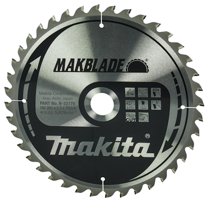 Cirkelsågklinga med text: "MAKBLADE", "Makita", "PART NO. B-32770", "260 x 2.3 x 30mm", och symboler för trä och klingans eg