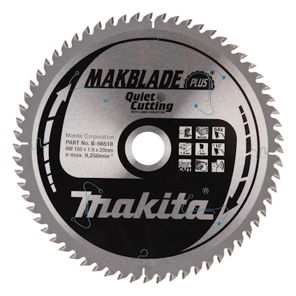 Cirkelsågklinga med tänder runt kanten, text "Makblade Plus" och "Makita" på ytan.