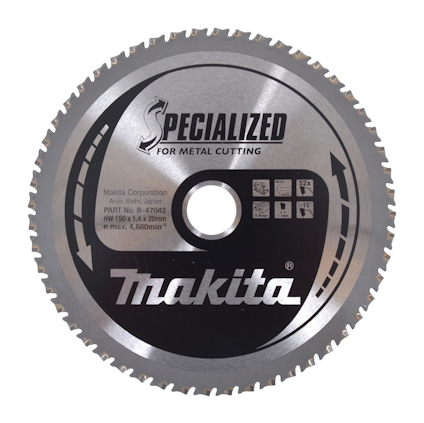 Rund sågklinga med spetsiga tänder och centralt hål, märkning med texten "Makita Specialized for Metal Cutting".