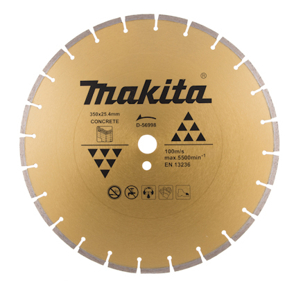 Diamantkapskiva i guld med texten "Makita" och symboler för betong.