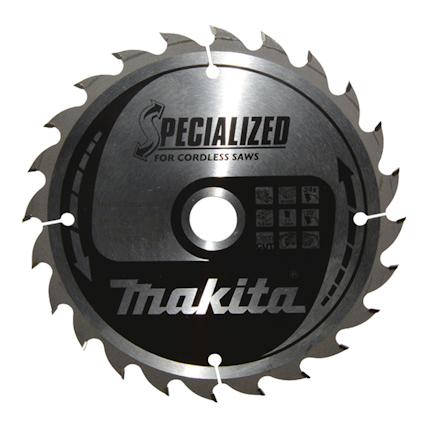 Cirkelsågklinga i metall med texten "SPECIALIZED FOR CORDLESS SAWS Makita" och symboler i svart.