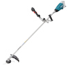 Grästrimmer med långt skaft, handtag med rött reglage och blå motorenhet med Makita-logotypen.