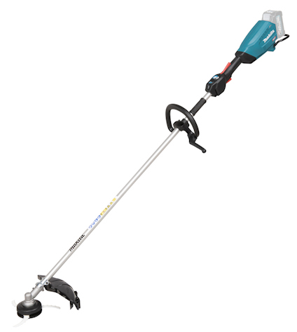 Grästrimmer med loophandtag, lång metallstav och skyddskåpa vid trimmerhuvudet.