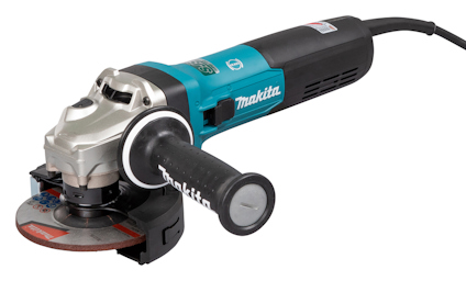 Vinkelslip från Makita med blå och svart design, sidohandtag och sladdanslutning.