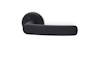 Svart dörrhandtag av aluminium med rund bottenplatta och enkel, modern design.