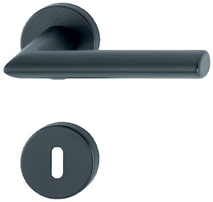 Svart dörrhandtag och matchande nyckelskylt med rund form och minimalistisk design.