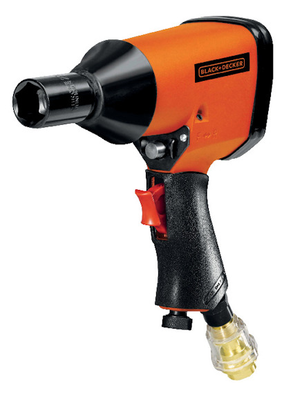 Elektrisk mutterdragare i orange och svart med gängad anslutning.