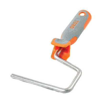 Handtag och böjd trådbåge i metall med orange och grått plasthandtag.