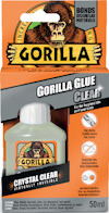 Förpackning av Gorilla Glue Clear, 50 ml, med dekorativ etikett och textelement som beskriver dess användning.