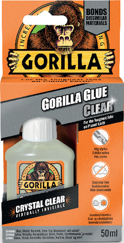 Förpackning av Gorilla Glue Clear, 50 ml, med dekorativ etikett och textelement som beskriver dess användning.