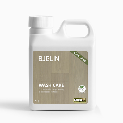 Plastdunk med texten "BJELIN WASH CARE". Dunken är vit med en grön etikett och innehåller 1 liter.