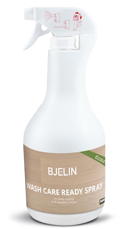 Vit sprayflaska med etikett som visar texten "BJELIN WASH CARE READY SPRAY".