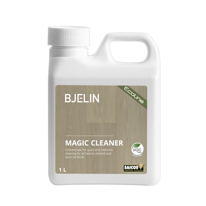Vit plastdunk med etikett som visar texten "BJELIN MAGIC CLEANER" och "1 L".
