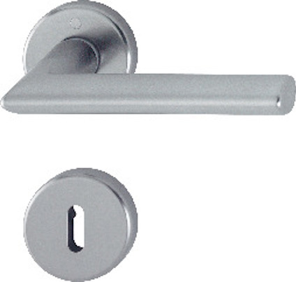Dörrtrycke och nyckelskylt i borstad metall, rund design.