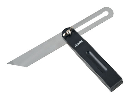 Justerbar smygvinkel i metall med svart handtag och en silverfärgad bladjustering med skruv.