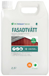 Vit plastbehållare med etiketten "BIOkleen eco FASADTVÄTT". Innehåller text och piktogram på framsidan.