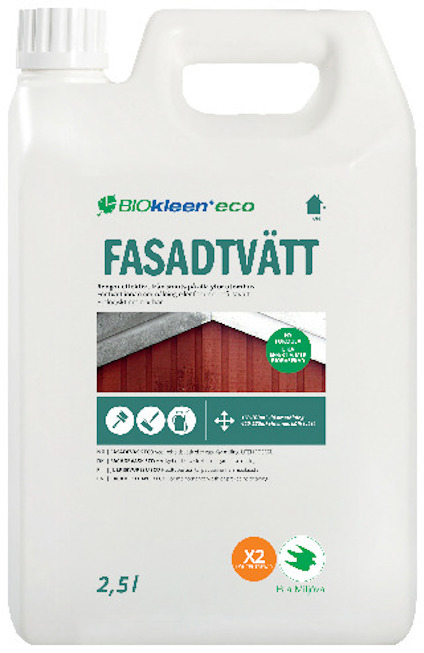 Vit plastbehållare med etiketten "BIOkleen eco FASADTVÄTT". Innehåller text och piktogram på framsidan.