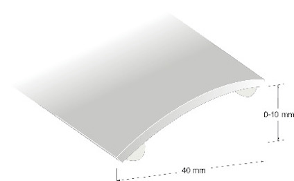 Illustration av en böjd, rostfri nivålist för höjdutjämning, med måtten 40 mm bredd och 0-10 mm höjd.