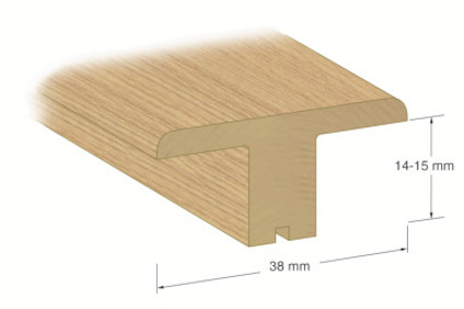 T-formad skarvlist i lackad ek, med måttmarkeringar: 38 mm bredd och 14-15 mm höjd.