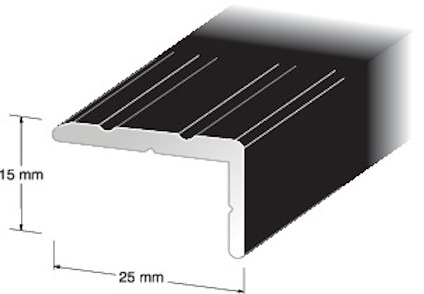 Svart trappnosprofil med måtten 25x16 mm, visad i perspektiv.