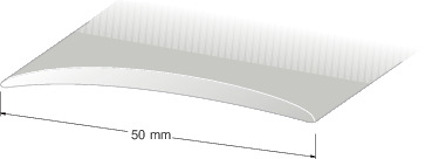 Illustration av en silverfärgad, lätt böjd metallskena med texten "50 mm" under.