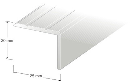 Silverfärgad trappnos i profil med måttangivelserna 20 mm och 25 mm.