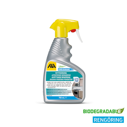 Sprayflaska med gul pump och etikett för fettlösningsmedel. Text: "BIODEGRADABLE RENGÖRING".