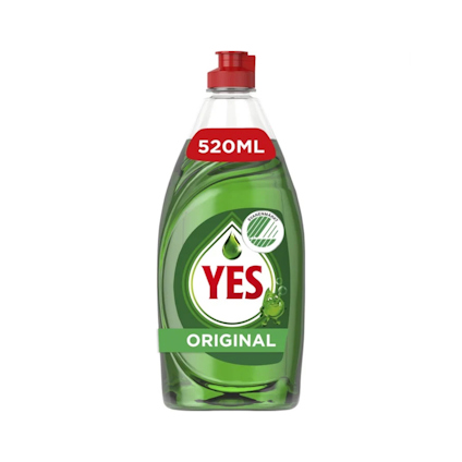 Flaska med grön handdiskmedel, märkt "YES Original", 520ML, med röd kork.