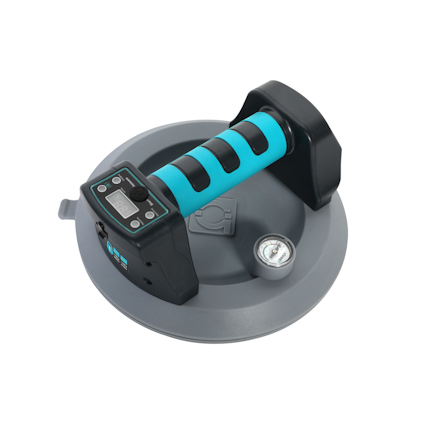 Batteridriven plattlyft med digital display, blå och svart handtag, och en rund sugkopp.