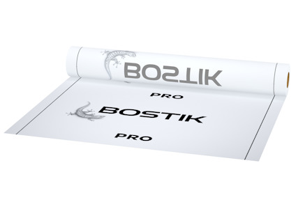 Rulle med vit folie med texten "BOSTIK PRO" tryckt i svart och logotyp av en geckoödla.