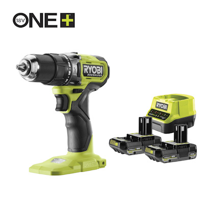 Batteridriven borrskruvdragare i grön och svart med två batterier och laddare. Märkt med "RYOBI" och "ONE+ 18V".