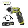 Skruvdragare med USB Lithium-märke, medföljer USB-kabel och batteri, märkt "Ryobi".