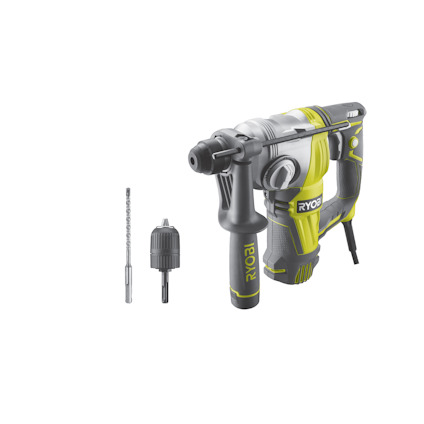Borrhammare i grått och grönt med handtag, medföljande borr samt avtagbar chuck. Märke: Ryobi.