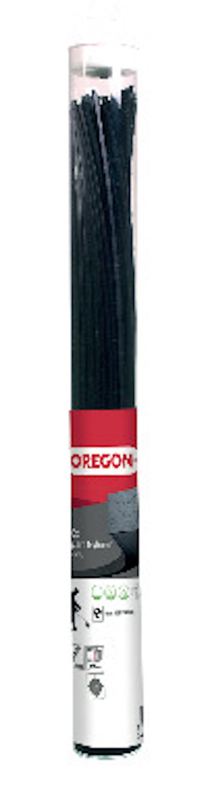Trimmertråd av nylon i ett genomskinligt rör med röd och vit etikett märkt "OREGON".