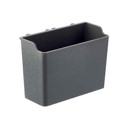 Rektangulär, hög box i mattgrå plast med rundade hörn och slät yta.