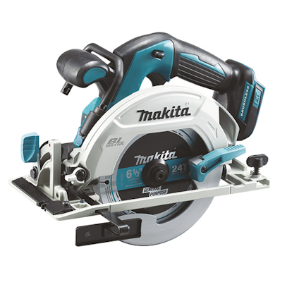 Cirkelsåg av märket Makita med blå och svart design, synlig klinga och handtag.