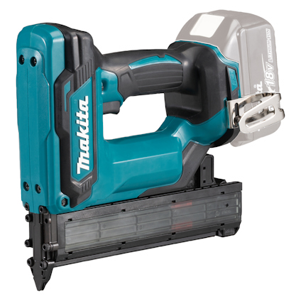 Spikpistol med blå och svart kropp, batteridriven, med märket "Makita" synligt på sidan.