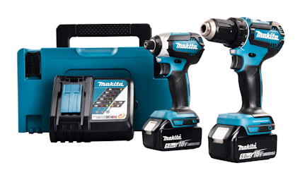 Makita sladdlös borr- och slagborrmaskin med batteriladdare och väska.