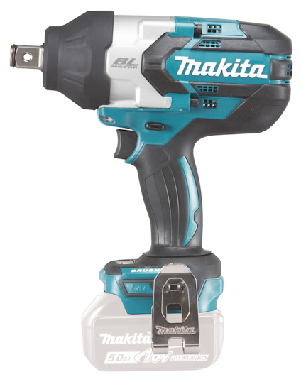 Slagborrmaskin med Makita-logga, svart och blått handtag, batteri monterat nedtill.