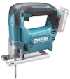 Blå och svart sticksåg med ergonomiskt handtag, bladskydd och synlig sågklinga, märkt med "Makita".