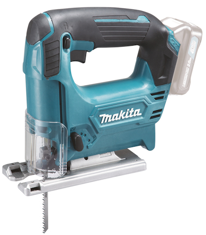 Blå och svart sticksåg med ergonomiskt handtag, bladskydd och synlig sågklinga, märkt med "Makita".